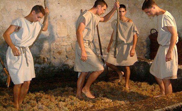 Männern in Tuniken maischen mit nackten Füssen die Trauben. Foto: Preissebild Mas gallo-romain des Tourelles