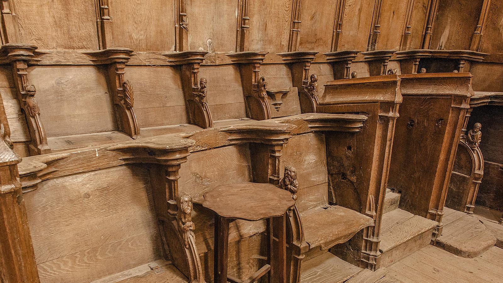 Simorre: das Schnitzwerk der Sitze im Chor der Pfarrkirche. Foto: Hilke Maunder