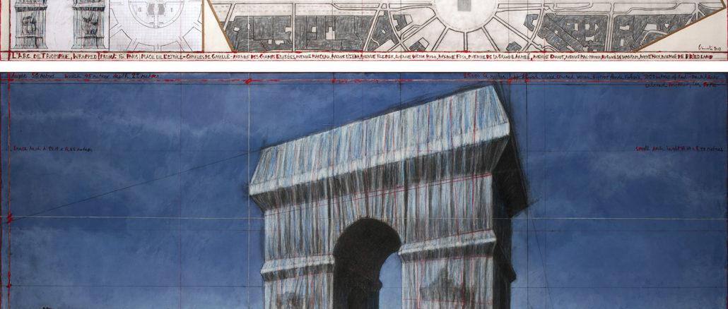 Christo L'Arc de Triomphe, Wrapped (Project for Paris) Place de l'Etoile – Charles de Gaulle Drawing 2019 in two parts 15 x 96" and 42 x 96" (38 x 244 cm and 106.6 x 244 cm) Pencil, charcoal, pastel, wax crayon, enamel paint, architectural and topographic survey, hand-drawn map on vellum and tape Photo: André Grossmann © 2019 Christo