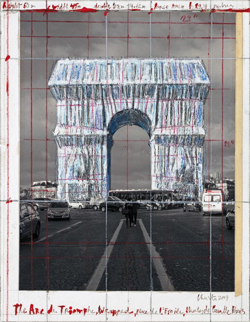 Christo The Arc de Triomphe, Wrapped, Place de l'Etoile, Charles de Gaulle, Paris Collage 2019 11 x 8 1/2” (28 x 21.5 cm) Pencil, wax crayon, enamel paint, photograph by Wolfgang Volz and tape Photo: André Grossmann © 2019 Christo
