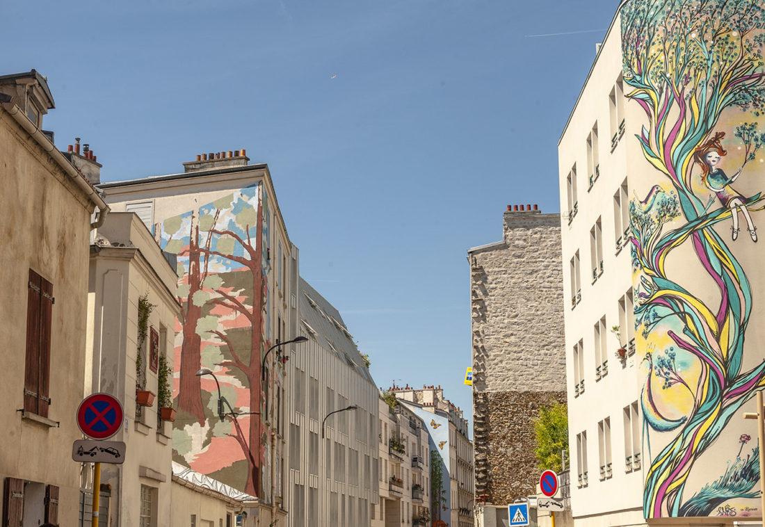 Rue du Retrait: "Arbres dans la ville" von S. Carloni und J. Rosseti (links), rechts: Sur son Arbre Perchée" von Anis (Sept. 2017). Foto: Hilke Maunder
