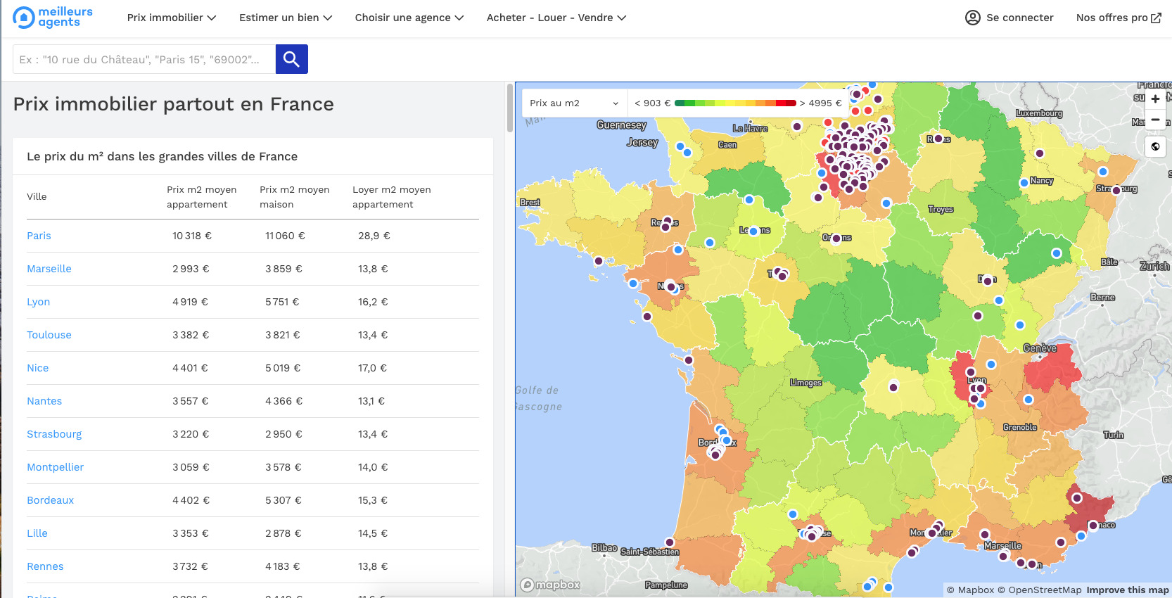 Die Immobilienpreise in Frankreich auf einer Karte. Copyright: Meilleur Agents.