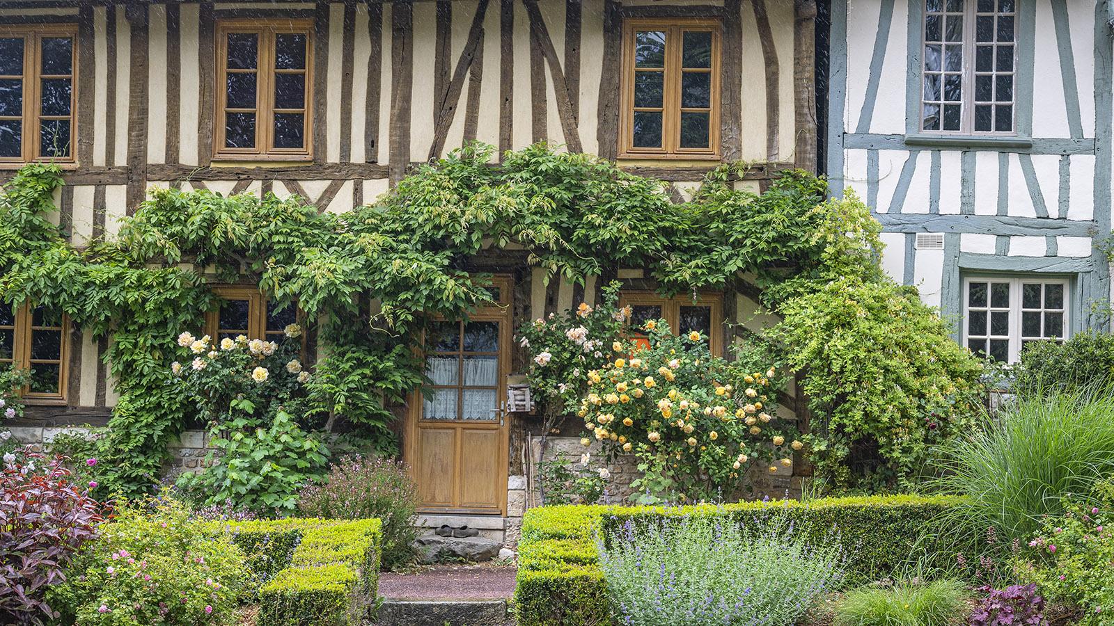 Die Fachwerkhäuser von Le Bec-Hellouin sind üppig mit Blumen und anderen Pflanzen geschmückt. Foto: Hilke Maunder