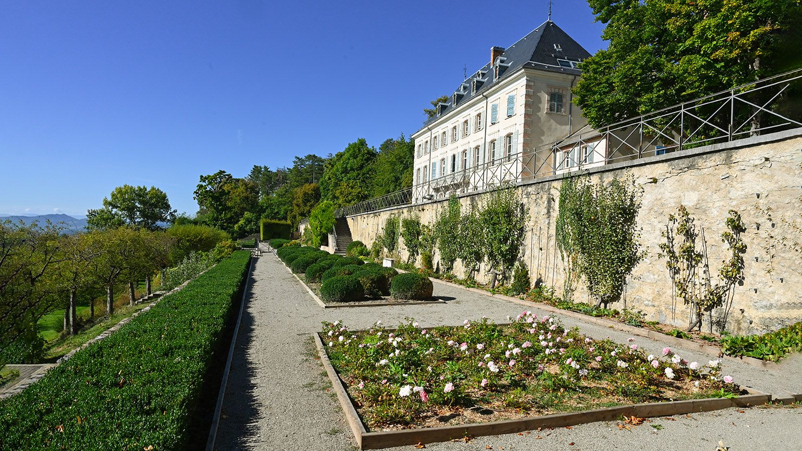Der terrassierte Garten der Domaine de Charance - hier. die Buchsbaumebene. Foto: Hilke Maunder