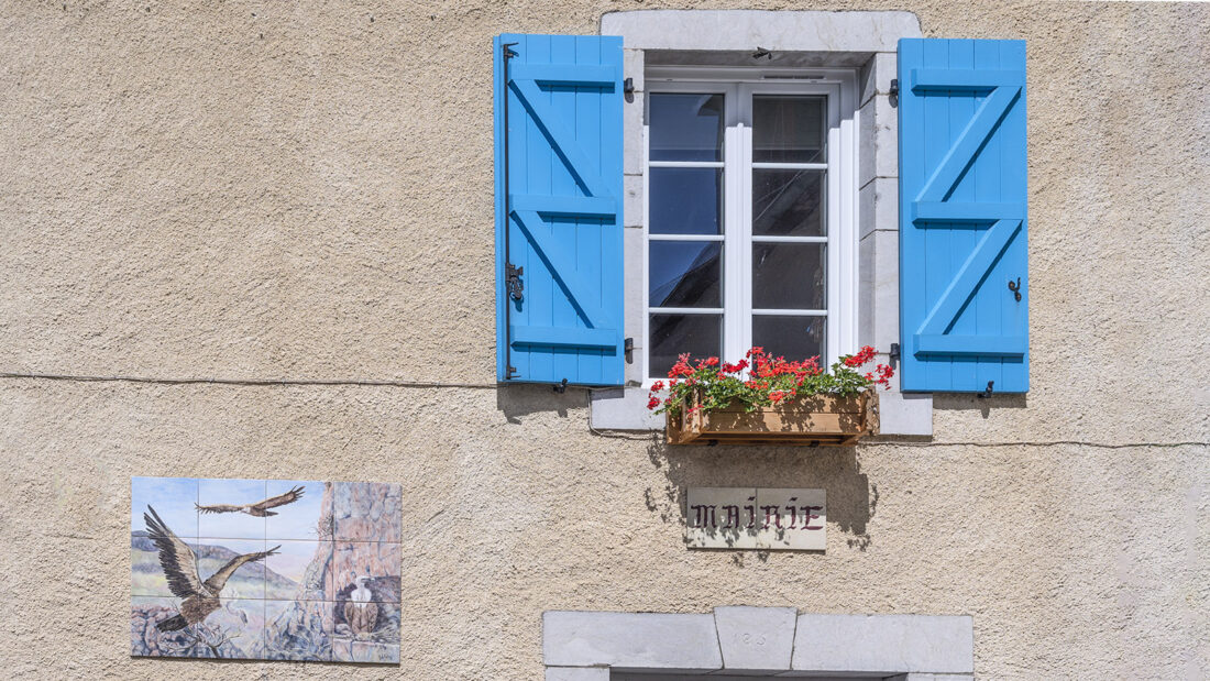 Die Geier von Béon, vereweigt auf der Fassade der Bürgermeisterei von Béon. Foto: Hilke Maunder