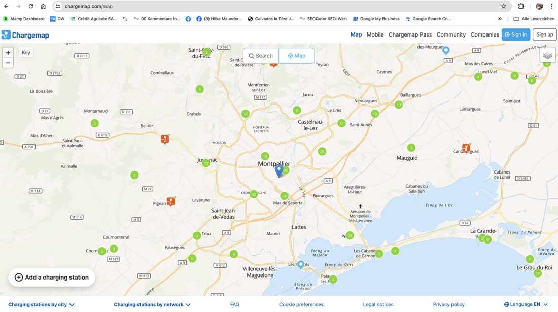 Einer der Karten der Ladestationen in Frankreich. Copyright: chargemap